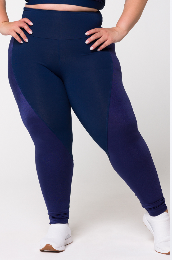 Calça Legging Poliamida Pluz Size Azul Marinho Com Recortes Metalic