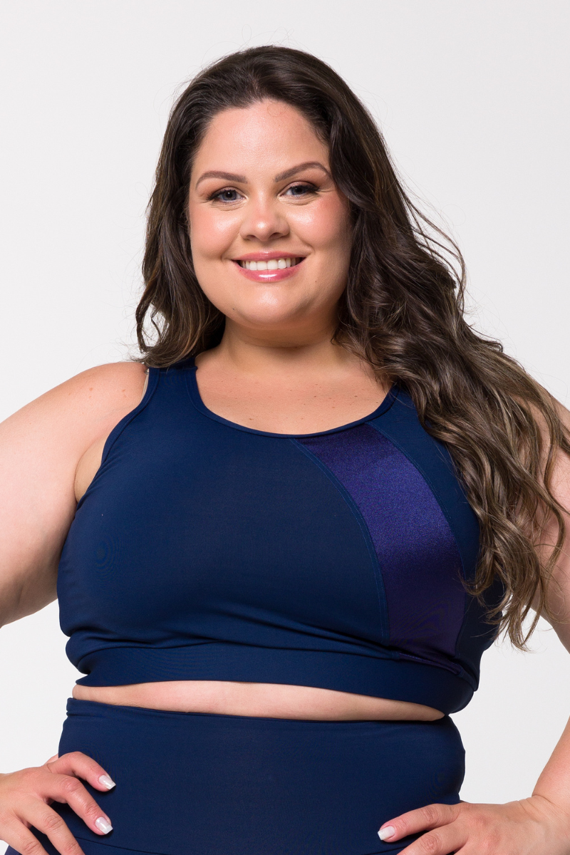 Top Fitness Plus Size Poliamida Com Recorte Azul Marinho