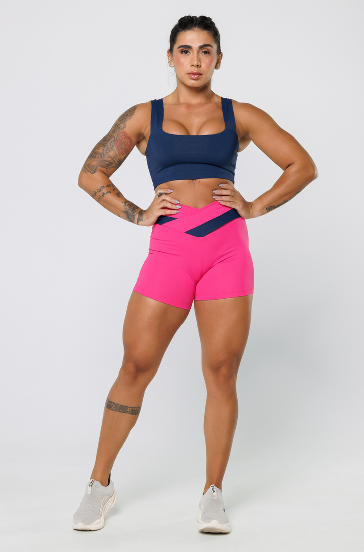 Short Fitness Poliamida Cós Transpassado Rosa Pink Com Azul Marinho