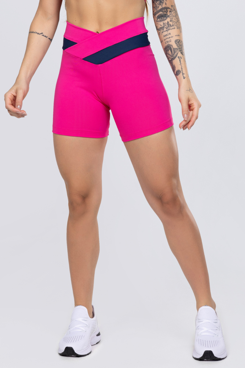 Short Fitness Poliamida Cós Transpassado Rosa Pink Com Azul Marinho