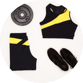 04 short fitness poliamida cos transpassado preto com amarelo