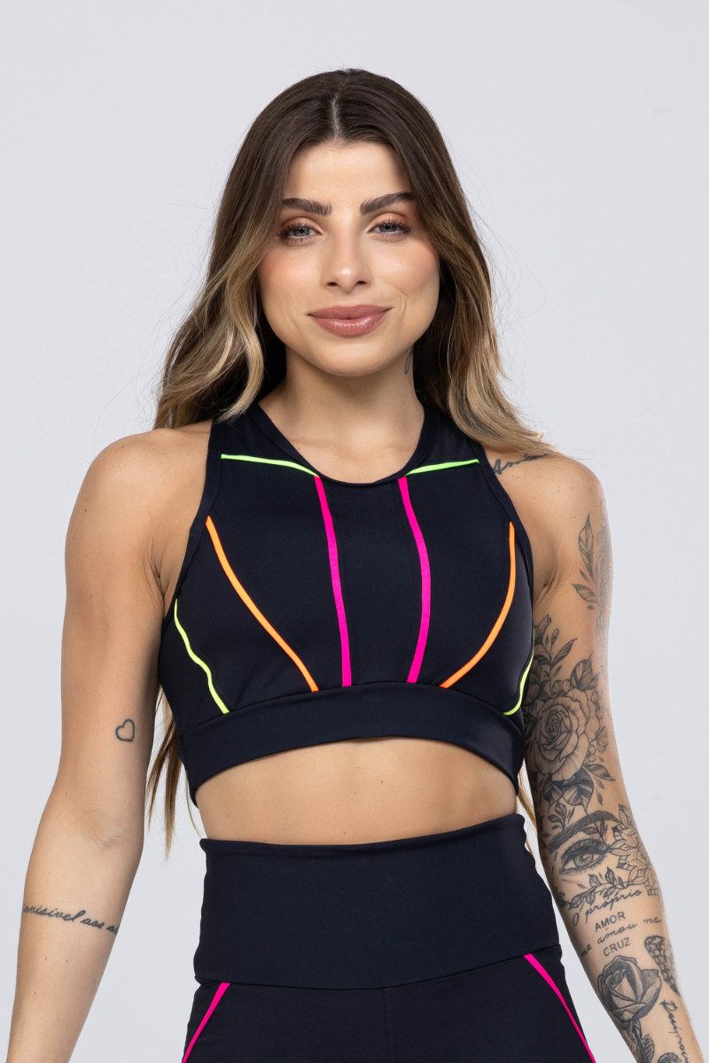 トップス MULTI SHOULDER PARTS RIB TOPS Eaphi Top Preto Cruzado Poliamida nas Costas e Detalhes em Vivo